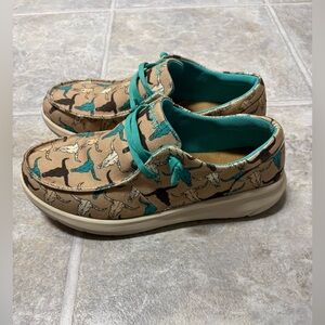 Wore once. Ariat Tan Canvas Sneakers with Teal and Brown.